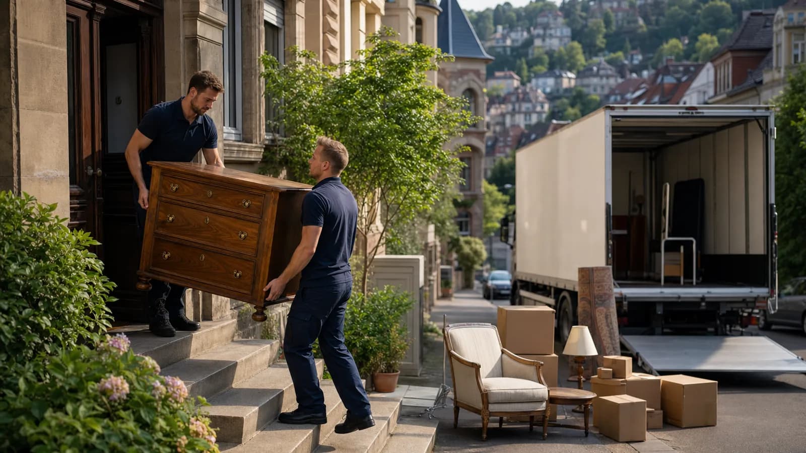 Rümpel Retter-Team trägt Möbel aus einem Stuttgarter Altbau zum Transporter – professionelle Entrümpelung in Stuttgart
